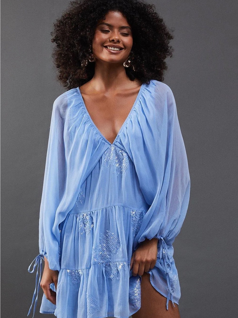Nasty Gal Sky Blue V-Neck Sequin Tiered Mini Dress